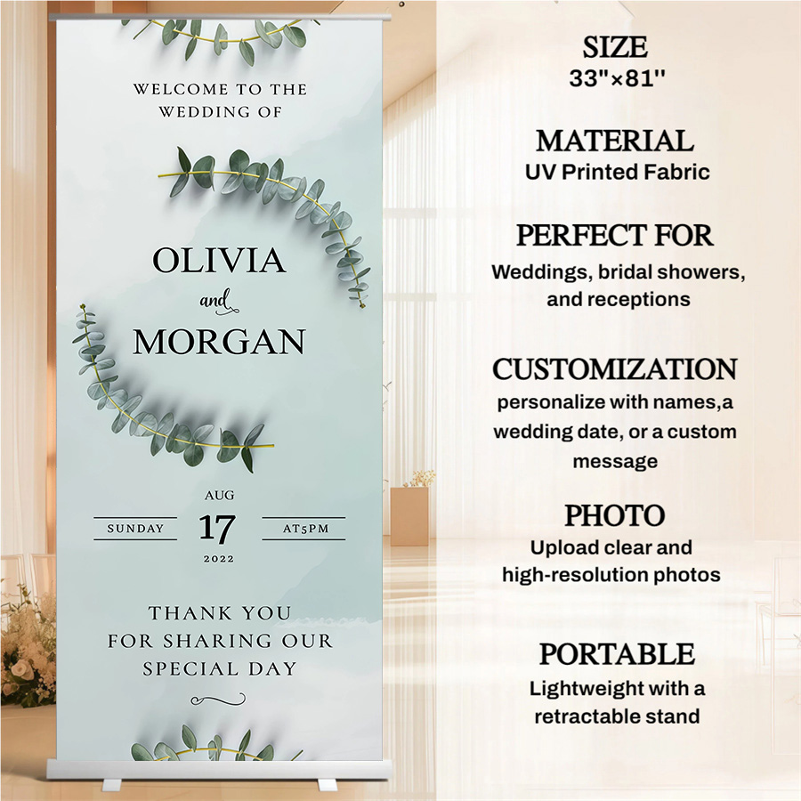 Customized wedding retractable banners - personalized photo wedding welcome signs, reception decorations and background curtains